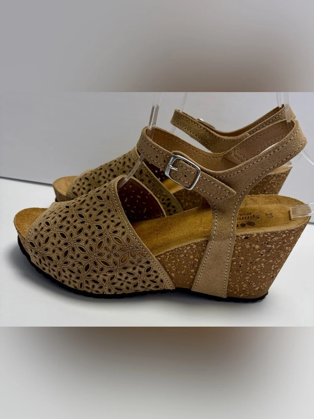 Spring Step Lauralyn Leather  Laser Cut Cork Wedge Sandals  Made in Italy Sz 8.5